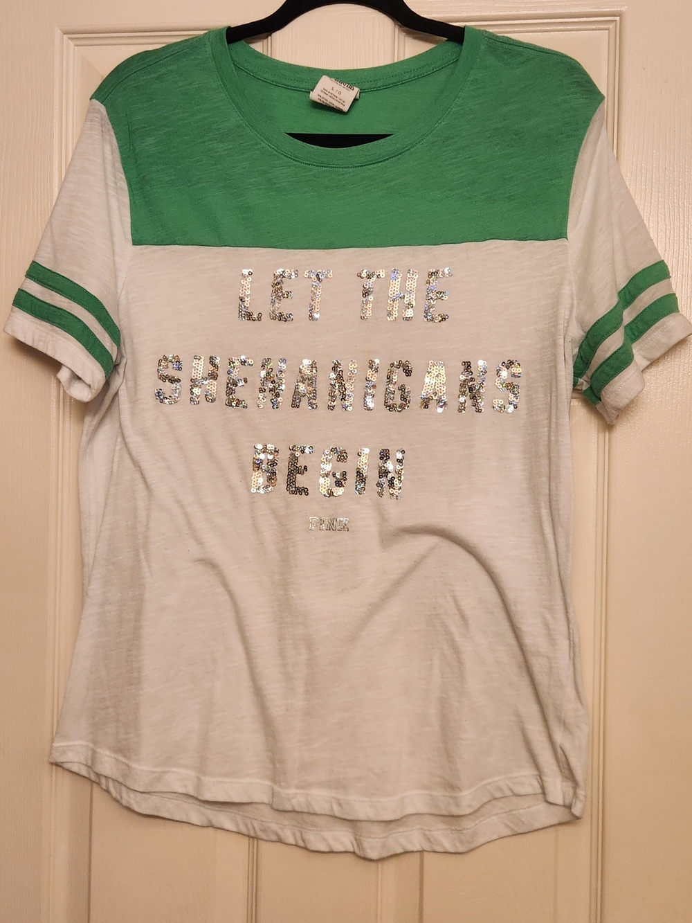 PINK Victoria's Secret White Tee with Green Yoke & Sequin Slogan
